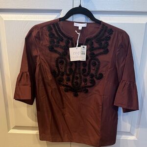 Talbots Dark Maroon Brown Blouse with Black Detailing